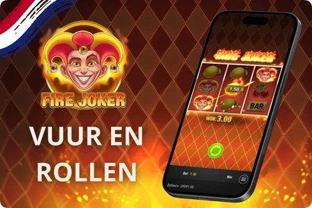 Speelveld van Fire Joker met drie rollen en vuureffecten op donkere achtergrond