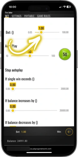 Fire Joker demo openen en inzet instellen via plus en minusknop